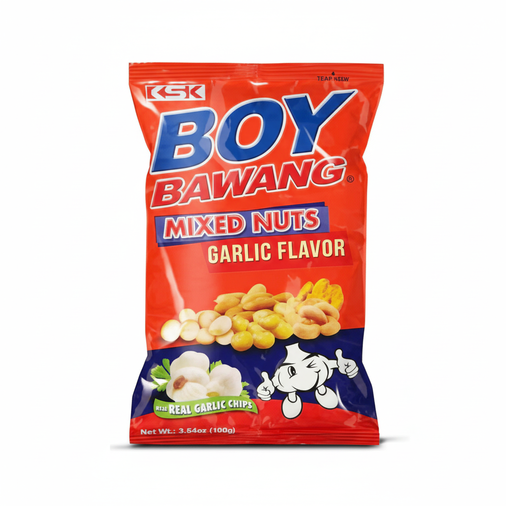 Boy Bawang Mixed Nuts Garlic Flavor packaging on a white background